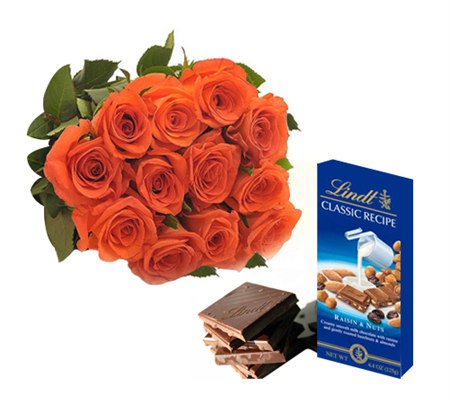 One Lindts chocolate +12 Orange Roses