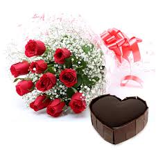 12 red Roses + Card + 1Kg Heart Chocolate Cake