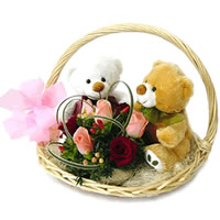 2  Teddies with pink and red roses in a Basket