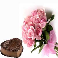 24 Pink Roses Basket+1 Kg Heart Cake