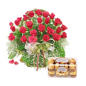 24 red roses basket+16 ferrero chocolates