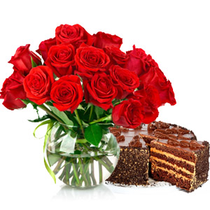 18 red Roses Vase+1 Kg Cake