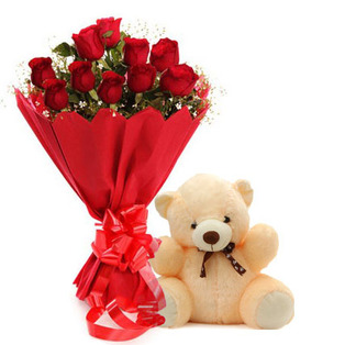 12 Red Roses and a cuddly Teddy Bear