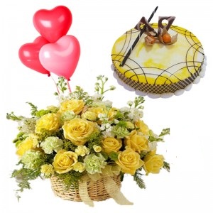 1/2 Kg Chocolate Cake+3 Red Heart Balloons+12 Yellow Roses + Celebration Pack