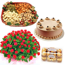 1/2 Kg Cake+16 Ferrero Rocher chocolates + 1/2 Kg Dry Fruits + 24 red roses Basket