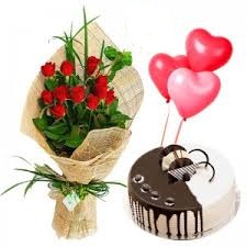 1/2 Kg Chocolate Cake+3 Balloons+12 Red Roses Basket