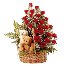2 Teddies with 24 res roses in same basket