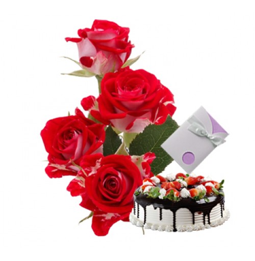 6 red Roses Vase + Card + 1/2 Kg Chocolate Cake