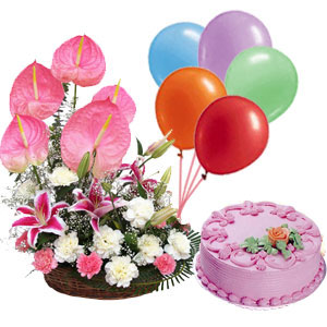 1/2 Kg Strawberry Cake+6 Balloons+24 pink anthuriums carnation Basket