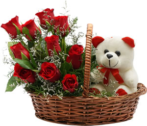 12 Rose in a Basket with a Teddy
