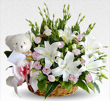 Teddy and White Flowers basket